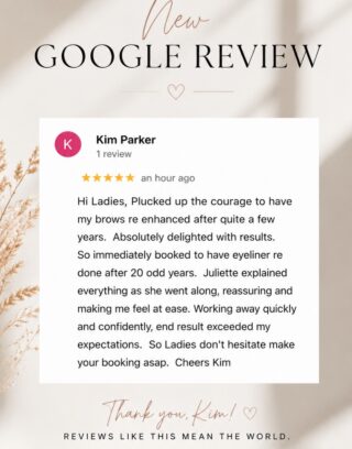 One of the things I hear most often is…

“I’ve wanted to do this for years, but I’ve been too nervous.”

If that sounds like you, you’re not alone.

For many women, booking a cosmetic tattoo appointment isn’t just about having better brows. It’s about trusting someone with your face and feeling confident you’ll still look like you.

That’s why I take the time to explain every step, answer every question, and create results that look soft, natural and age beautifully.

Thank you so much, Kim, for your beautiful words. Reading reviews like this reminds me why I love what I do.

If you’ve been thinking about refreshing your brows, eyeliner or lips, I’d love to help you feel just as confident.